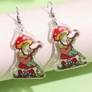 Frog Playing Mandolin on a Mushroom Earrings